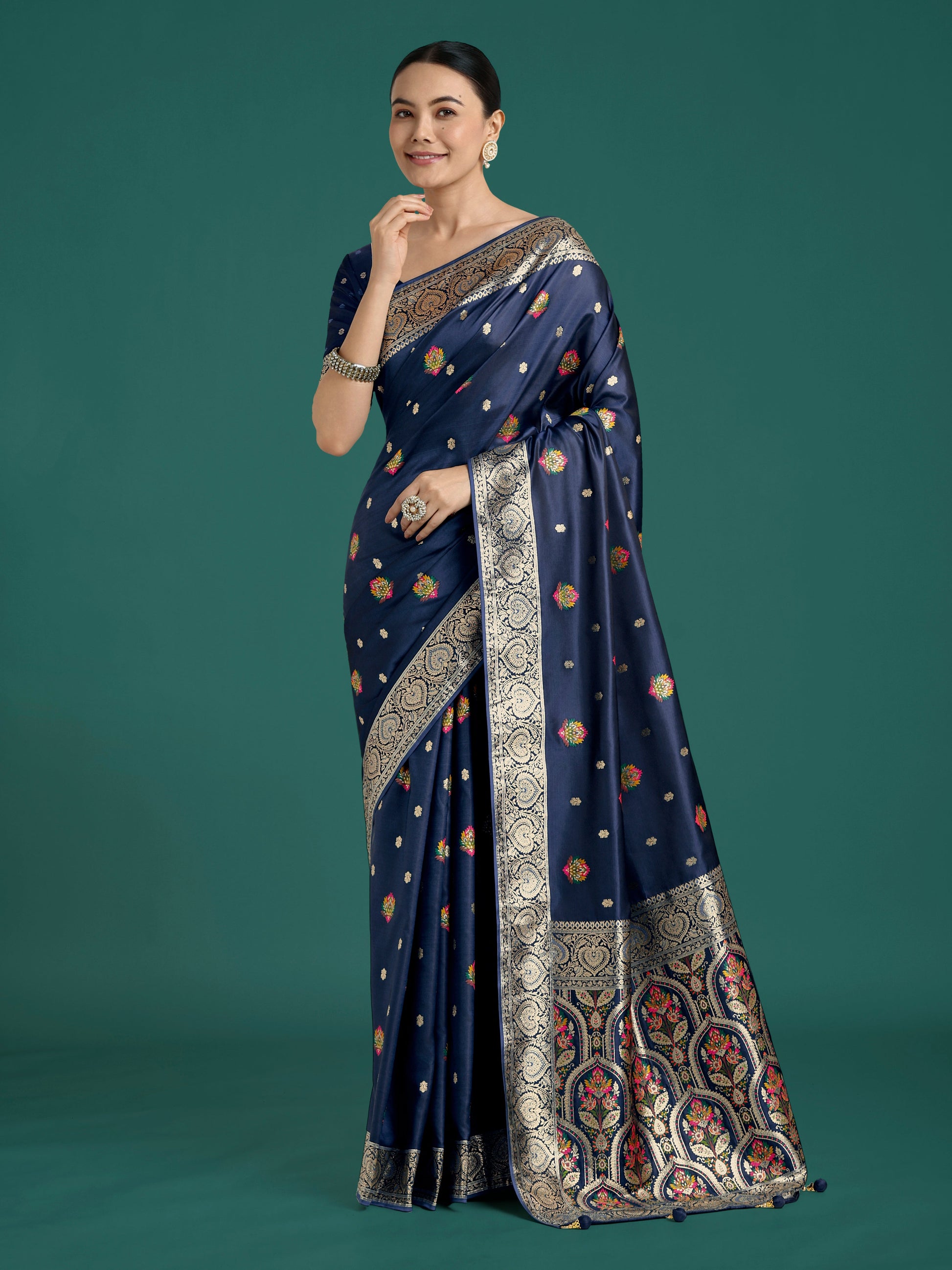 Monjolika Fashion Navy blue Charming Soft Banarasi Zari Woven Designer Satin Silk Saree With Lovely Blouse Piece | Swadesiicart