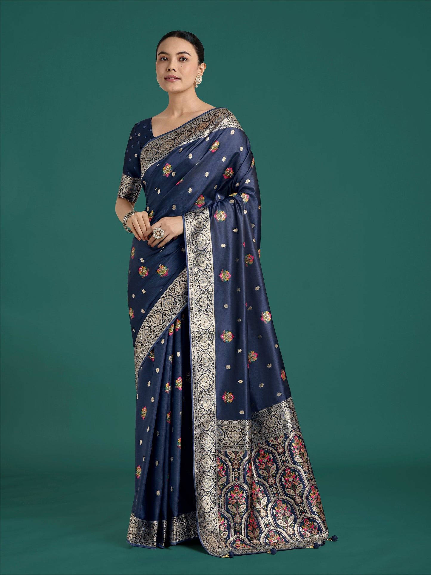 Monjolika Fashion Navy blue Charming Soft Banarasi Zari Woven Designer Satin Silk Saree With Lovely Blouse Piece | Swadesiicart
