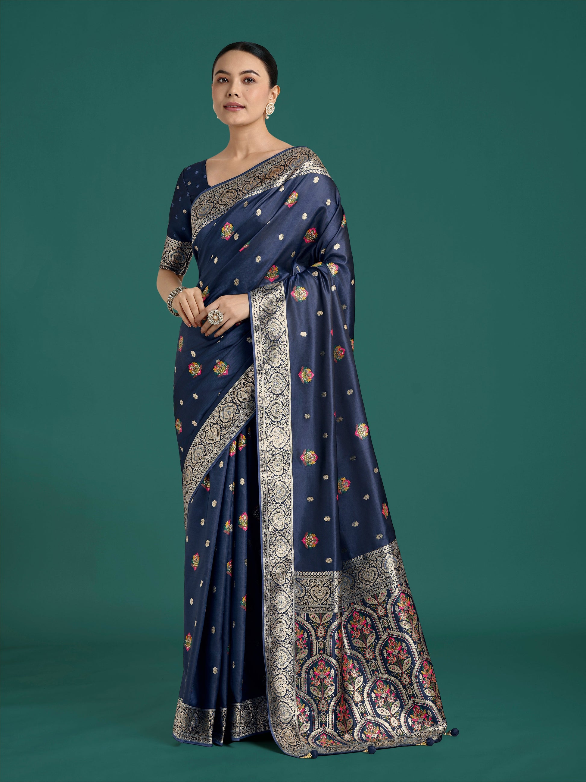 Monjolika Fashion Navy blue Charming Soft Banarasi Zari Woven Designer Satin Silk Saree With Lovely Blouse Piece | Swadesiicart