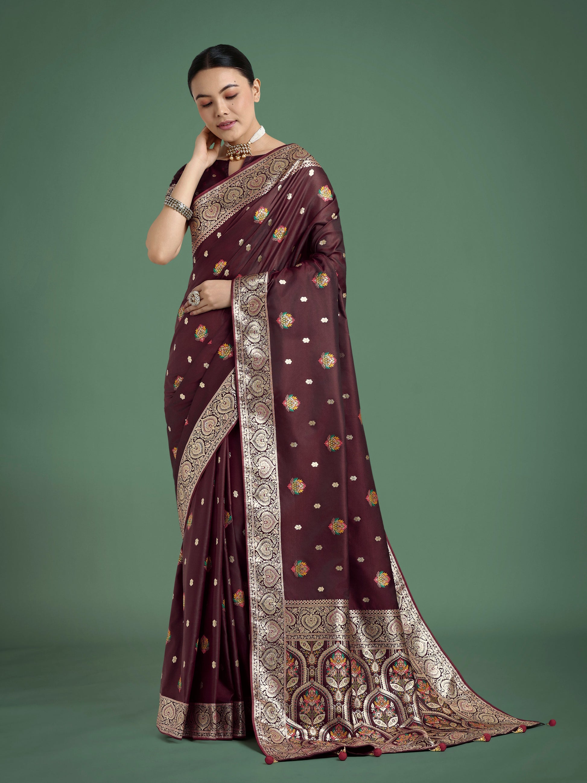 Monjolika Fashion Maroon Charming Soft Banarasi Zari Woven Designer Satin Silk Saree With Lovely Blouse Piece | Swadesiicart