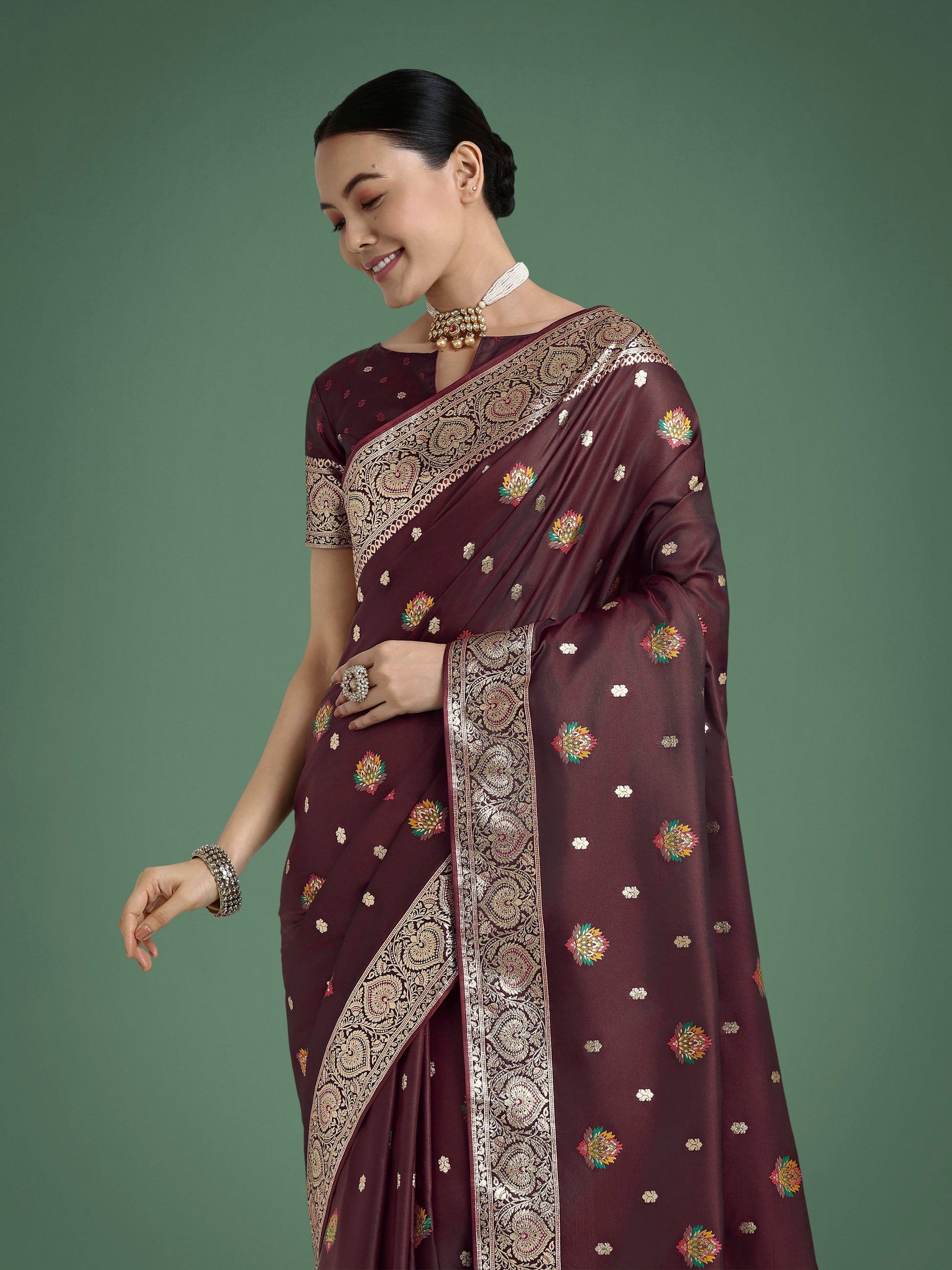 Monjolika Fashion Maroon Charming Soft Banarasi Zari Woven Designer Satin Silk Saree With Lovely Blouse Piece | Swadesiicart