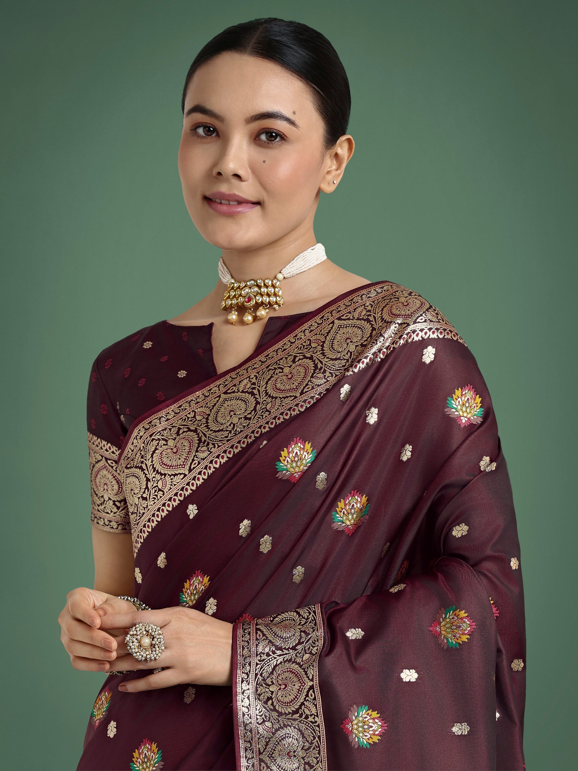 Monjolika Fashion Maroon Charming Soft Banarasi Zari Woven Designer Satin Silk Saree With Lovely Blouse Piece | Swadesiicart