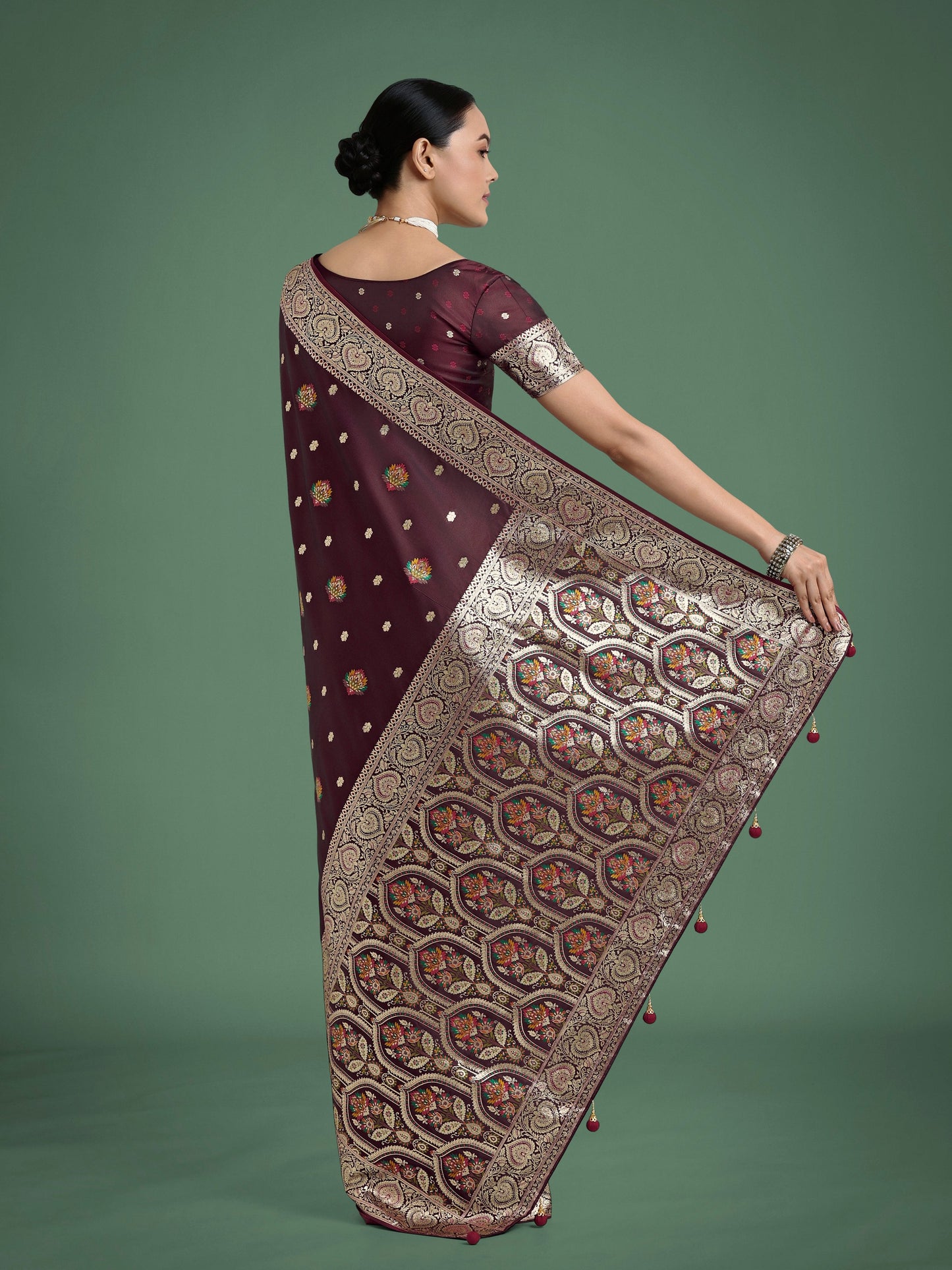 Monjolika Fashion Maroon Charming Soft Banarasi Zari Woven Designer Satin Silk Saree With Lovely Blouse Piece | Swadesiicart