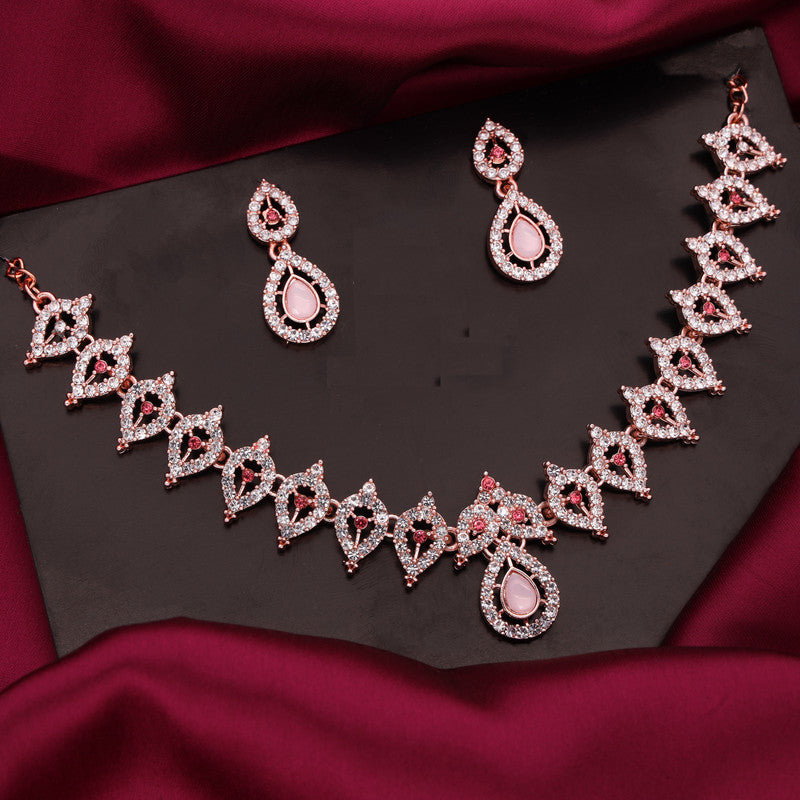 Tehzeeb Creations Pink Colour Diamond Choker Necklace Jewellery Set With Matching Pair of Earrings For Women And Girls - Swadesiicart