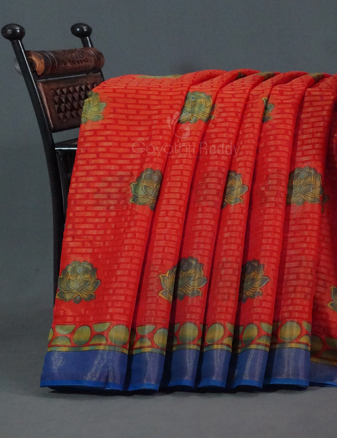 Orange Colour With Ink Blue Blouse Cotton Brasso Saree By Gayathri Reddy Designer Studio | Swadesiicart