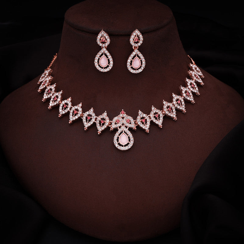Tehzeeb Creations Pink Colour Diamond Choker Necklace Jewellery Set With Matching Pair of Earrings For Women And Girls - Swadesiicart