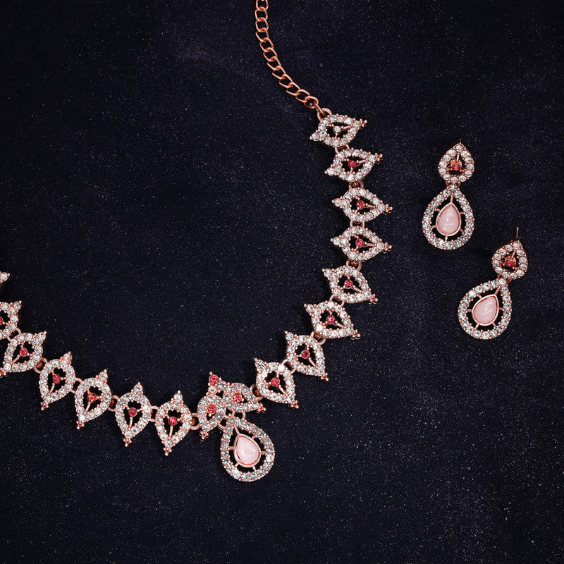 Tehzeeb Creations Pink Colour Diamond Choker Necklace Jewellery Set With Matching Pair of Earrings For Women And Girls - Swadesiicart