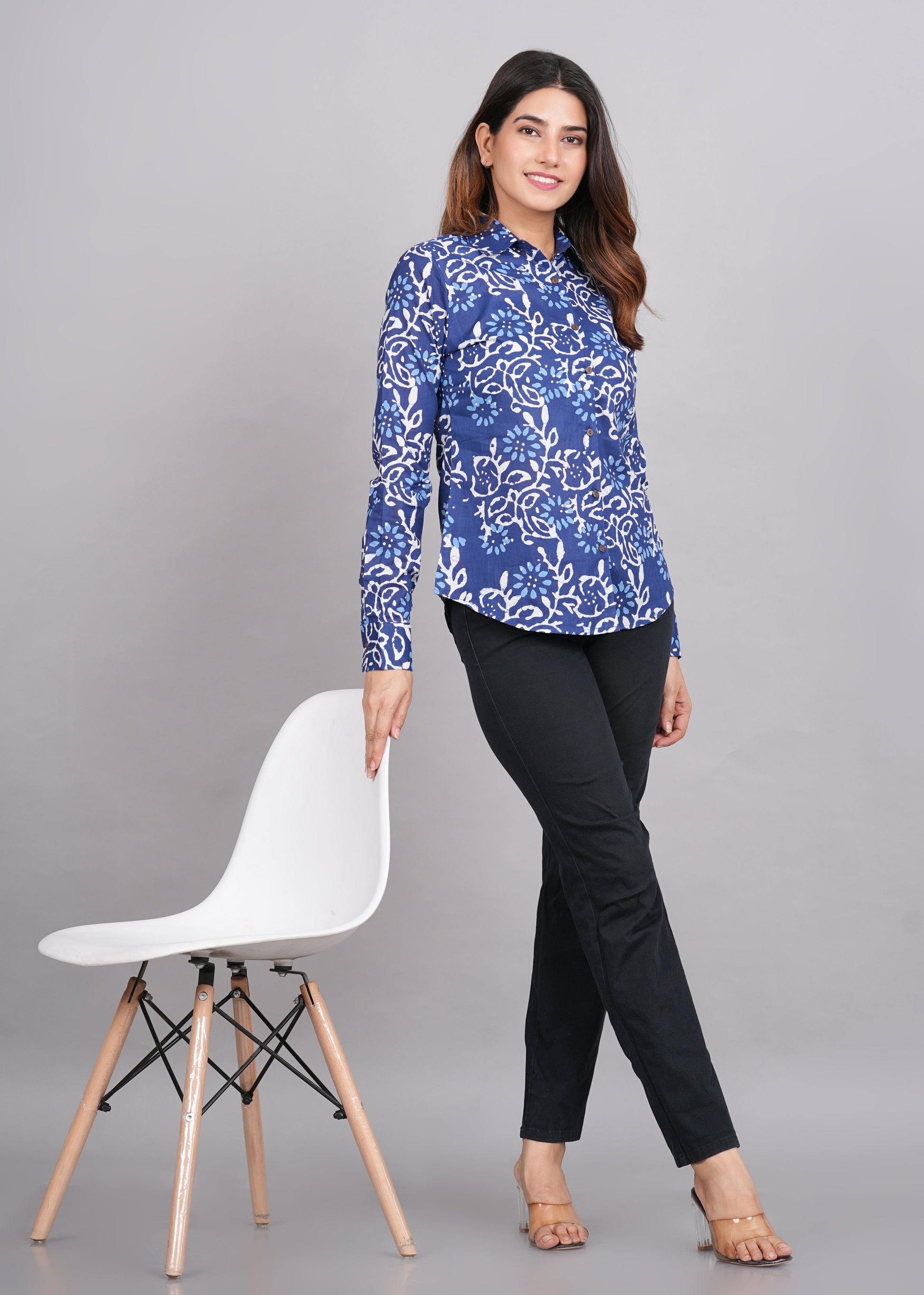 House of RP Women's Blue Cotton Floral Printed Casual Shirt | Swadesiicart