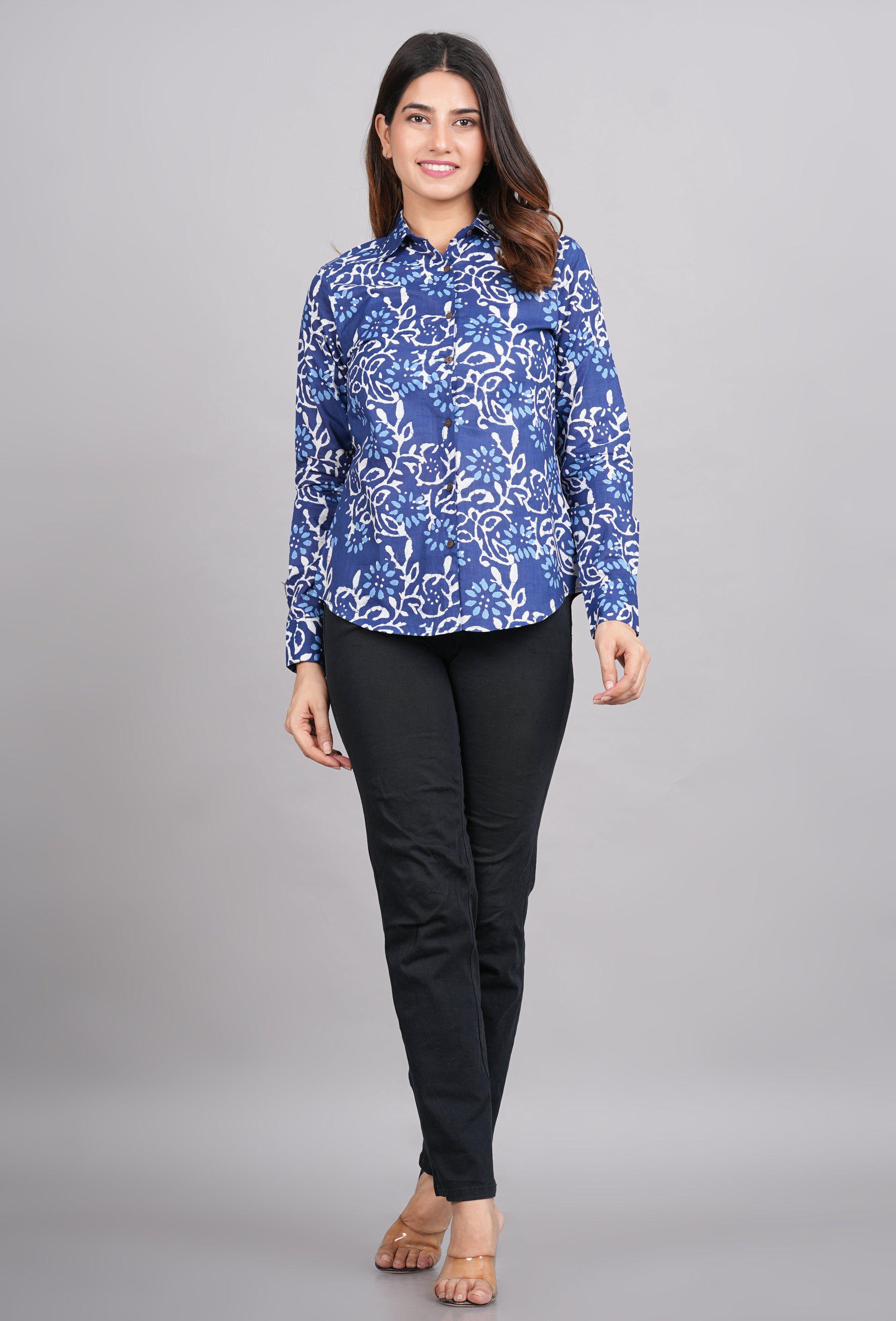 House of RP Women's Blue Cotton Floral Printed Casual Shirt | Swadesiicart