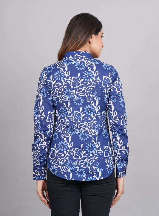 House of RP Women's Blue Cotton Floral Printed Casual Shirt | Swadesiicart