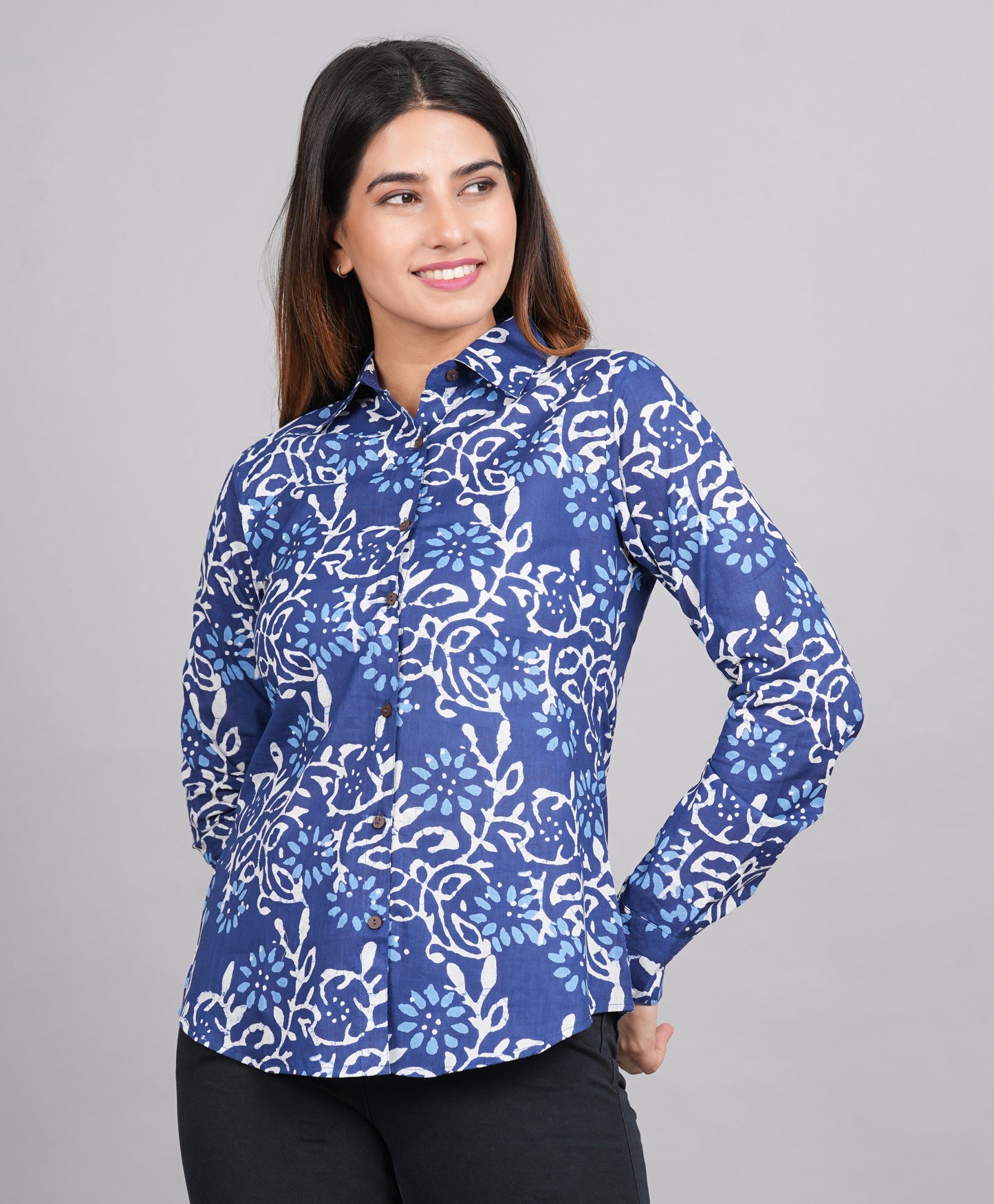 House of RP Women's Blue Cotton Floral Printed Casual Shirt | Swadesiicart
