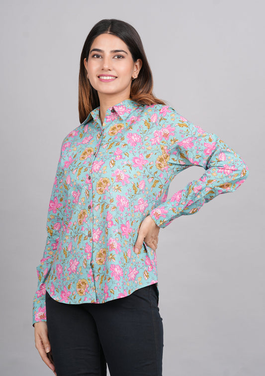 House of RP Women's Green Cotton Floral Printed Casual Shirt | Swadesiicart