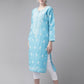 ADA Women Blue & White Pure Cotton Chikankari Embroidered Kurta with Trousers | Swadesiicart