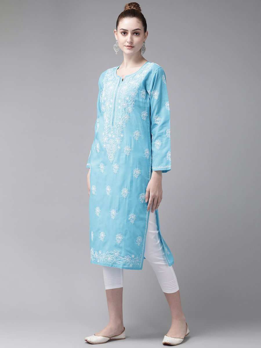 ADA Women Blue & White Pure Cotton Chikankari Embroidered Kurta with Trousers | Swadesiicart