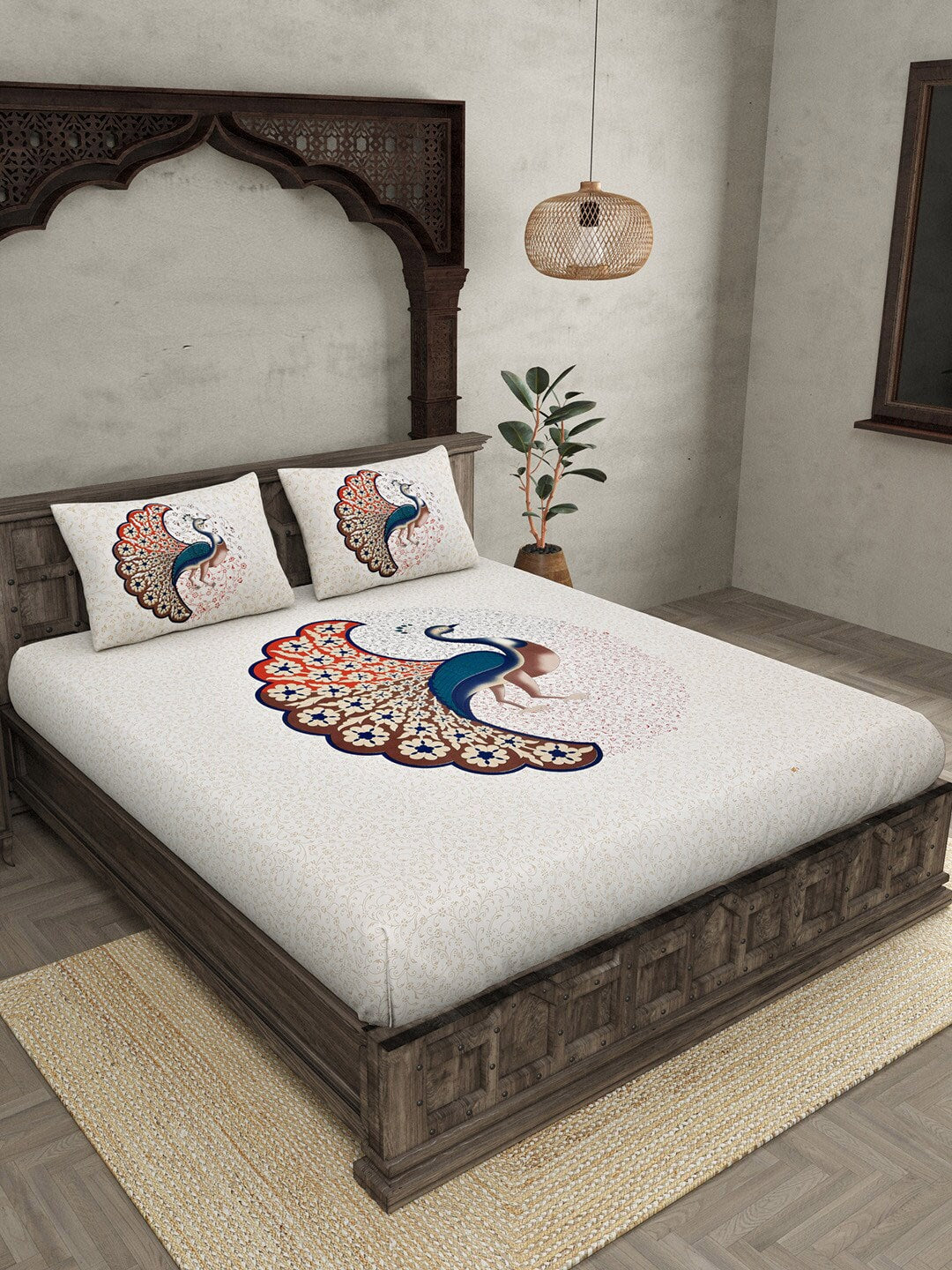 JAIPUR FABRIC Off White & Red Printed 240 TC Cotton King Bedsheet with 2 Pillow Covers | Swadesiicart