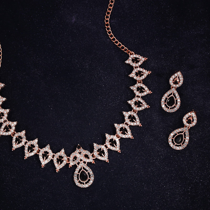 Tehzeeb Creations Shimmering Rose Gold Polished Ad Studded Necklace Jewellery Set With Matching Earrings For Women And Girls - Swadesiicart