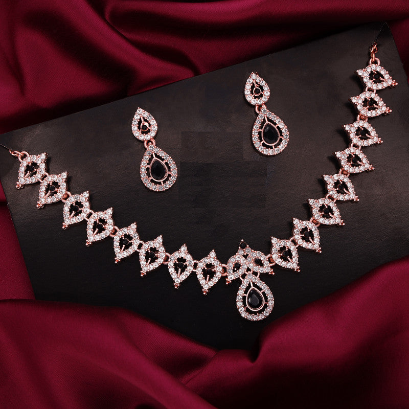 Tehzeeb Creations Shimmering Rose Gold Polished Ad Studded Necklace Jewellery Set With Matching Earrings For Women And Girls - Swadesiicart