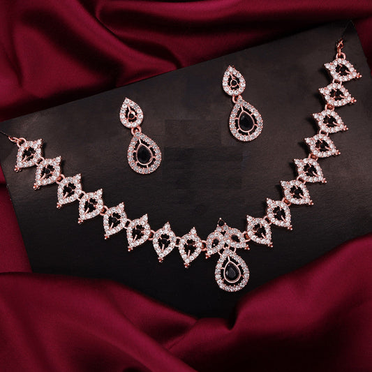 Tehzeeb Creations Shimmering Rose Gold Polished Ad Studded Necklace Jewellery Set With Matching Earrings For Women And Girls - Swadesiicart