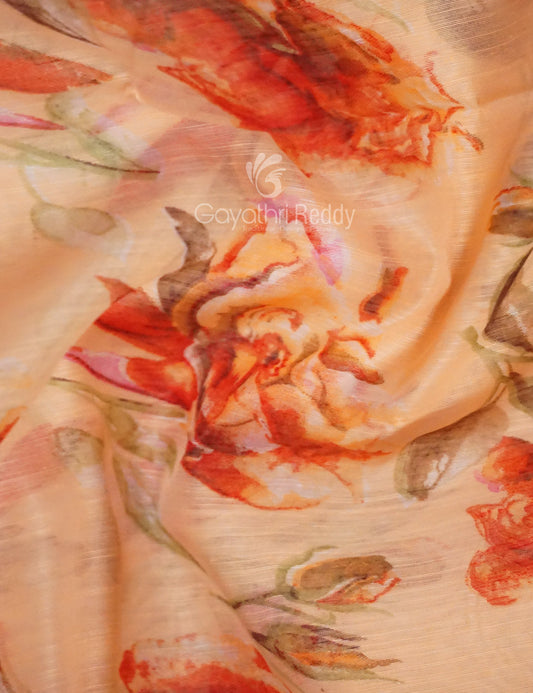 Shades of Orange Colour Printed Semi Chanderi Saree By Gayathri Reddy Designer Studio | Swadesiicart