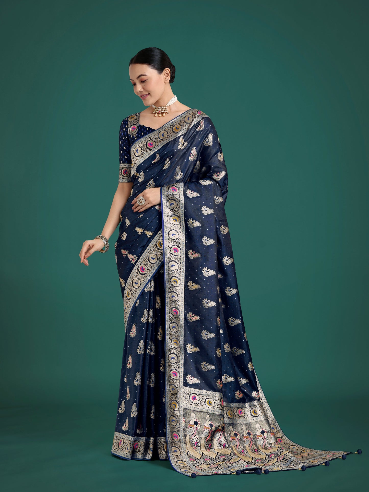 Monjolika Fashion Blue Color Festival Wear Banarasi Satin Silk Designer Zari Weaving Saree | Swadesiicart