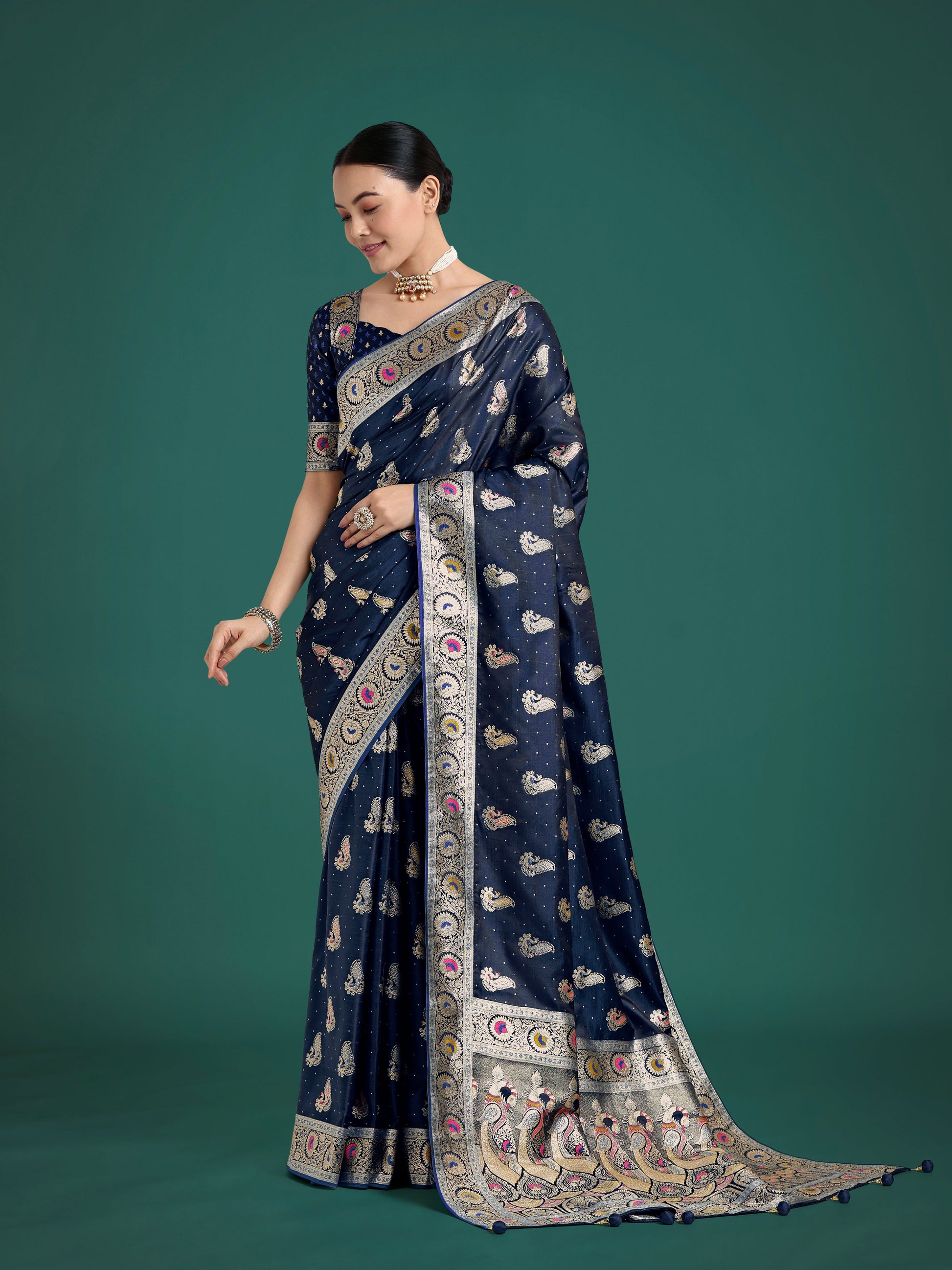 Monjolika Fashion Blue Color Festival Wear Banarasi Satin Silk Designer Zari Weaving Saree | Swadesiicart