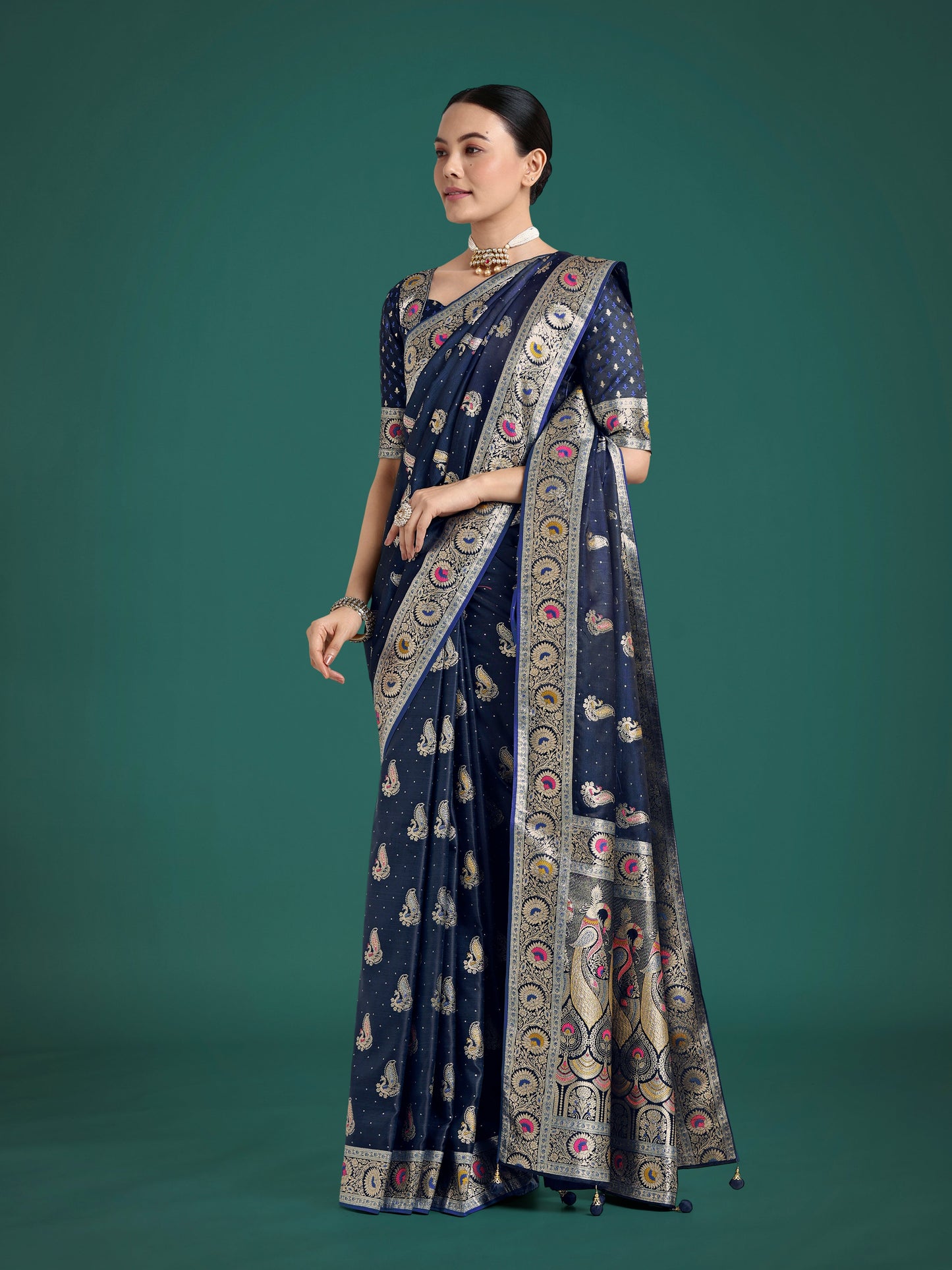 Monjolika Fashion Blue Color Festival Wear Banarasi Satin Silk Designer Zari Weaving Saree | Swadesiicart