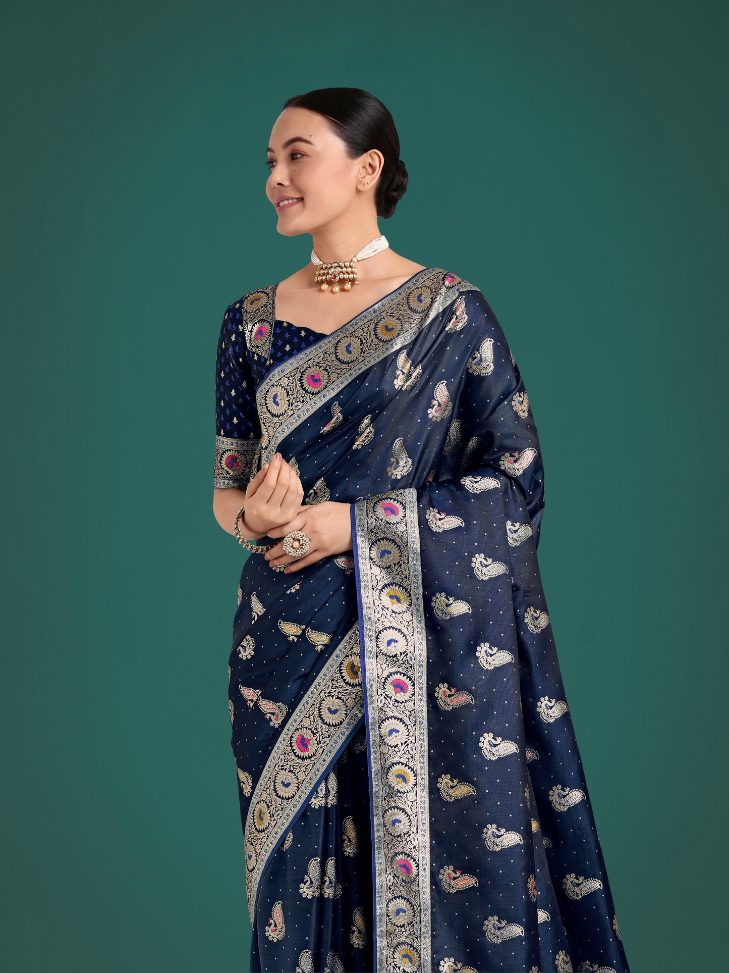 Monjolika Fashion Blue Color Festival Wear Banarasi Satin Silk Designer Zari Weaving Saree | Swadesiicart