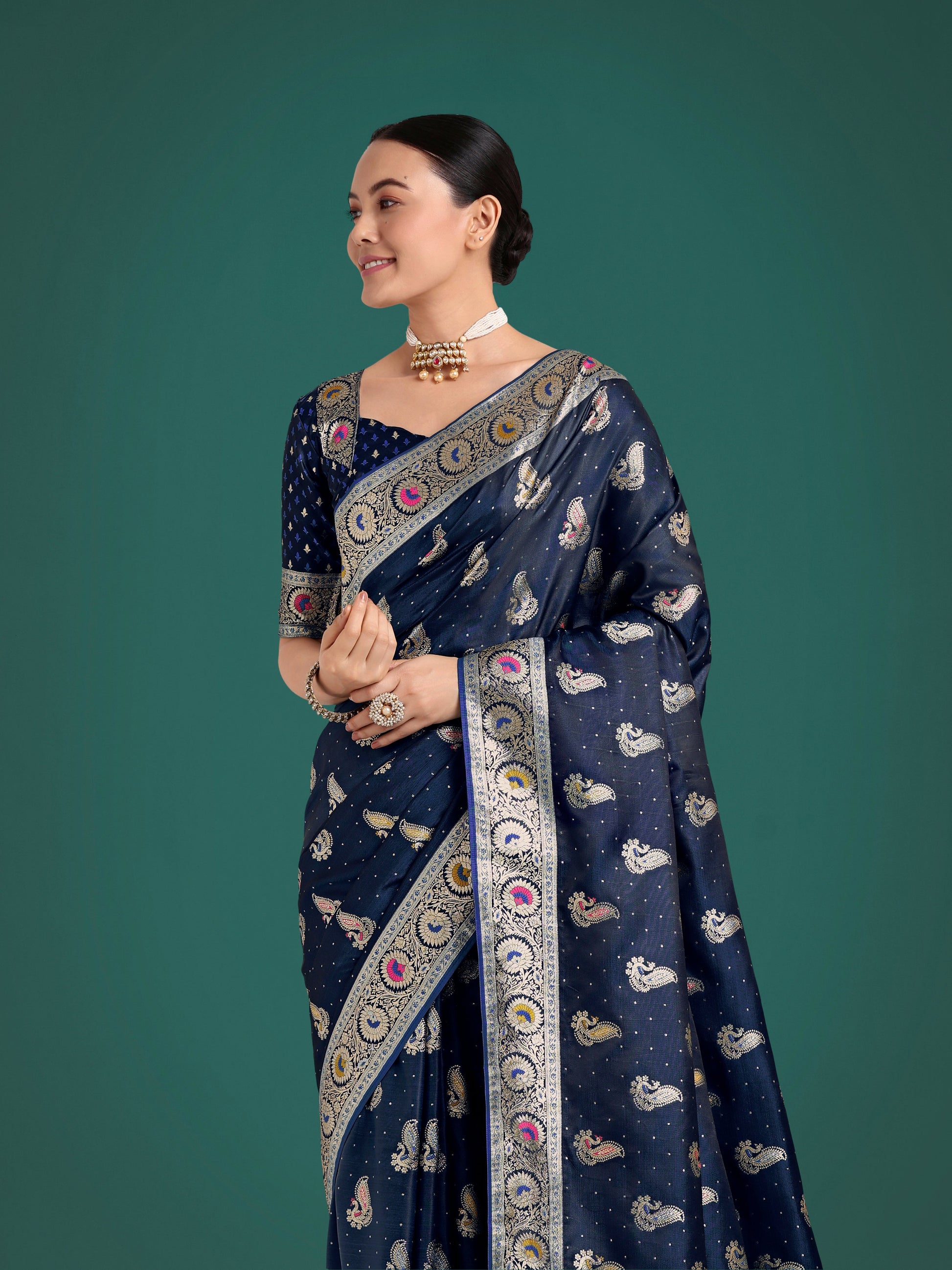 Monjolika Fashion Blue Color Festival Wear Banarasi Satin Silk Designer Zari Weaving Saree | Swadesiicart