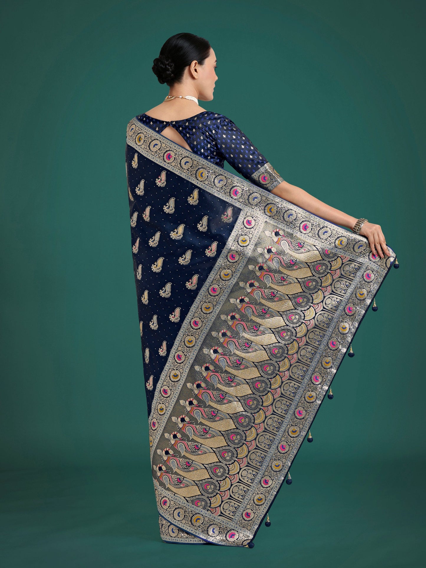 Monjolika Fashion Blue Color Festival Wear Banarasi Satin Silk Designer Zari Weaving Saree | Swadesiicart