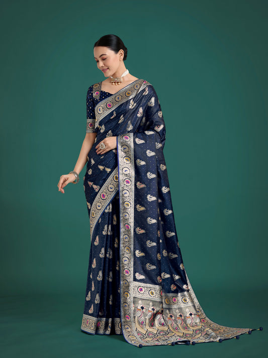 Monjolika Fashion Blue Color Festival Wear Banarasi Satin Silk Designer Zari Weaving Saree | Swadesiicart