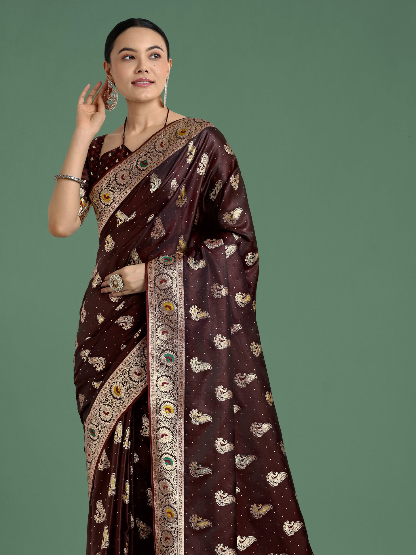 Monjolika Fashion Maroon Color Festival Wear Banarasi Satin Silk Designer Zari Weaving Saree | Swadesiicart