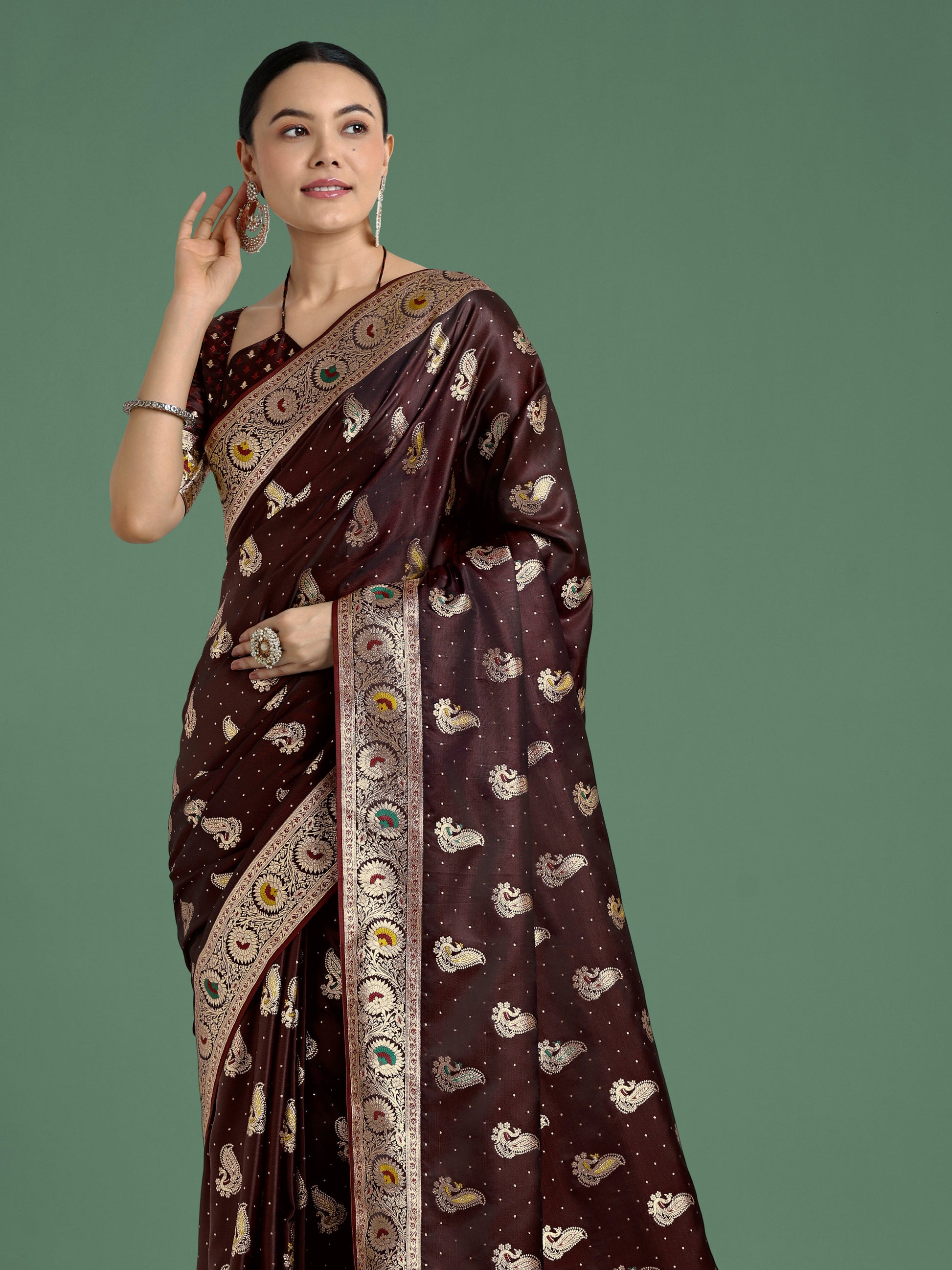 Monjolika Fashion Maroon Color Festival Wear Banarasi Satin Silk Designer Zari Weaving Saree | Swadesiicart