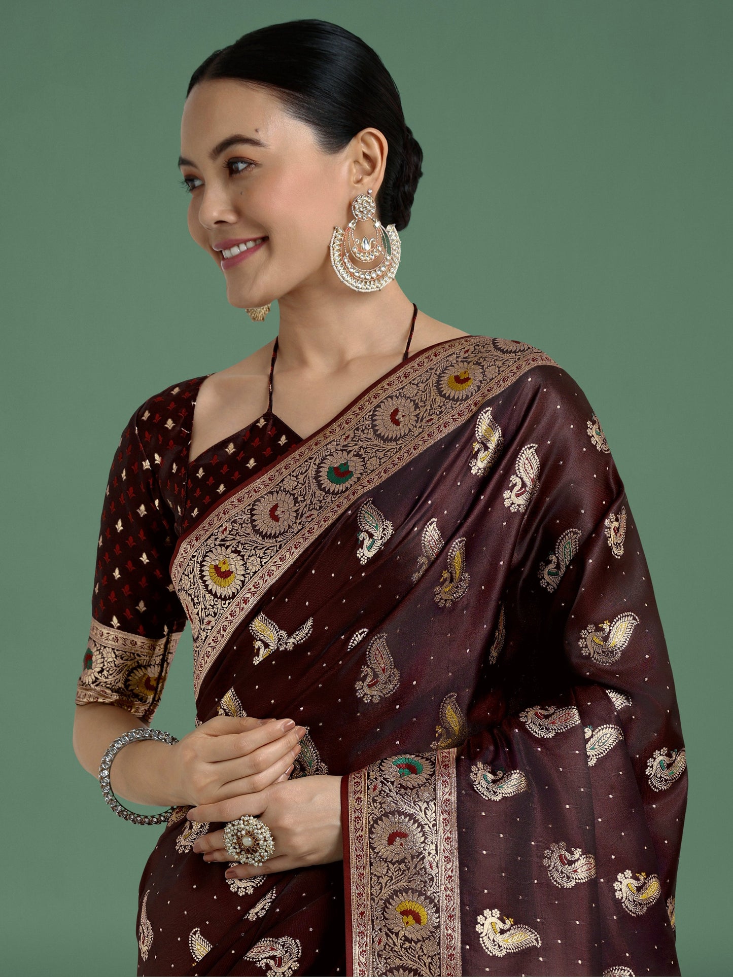 Monjolika Fashion Maroon Color Festival Wear Banarasi Satin Silk Designer Zari Weaving Saree | Swadesiicart