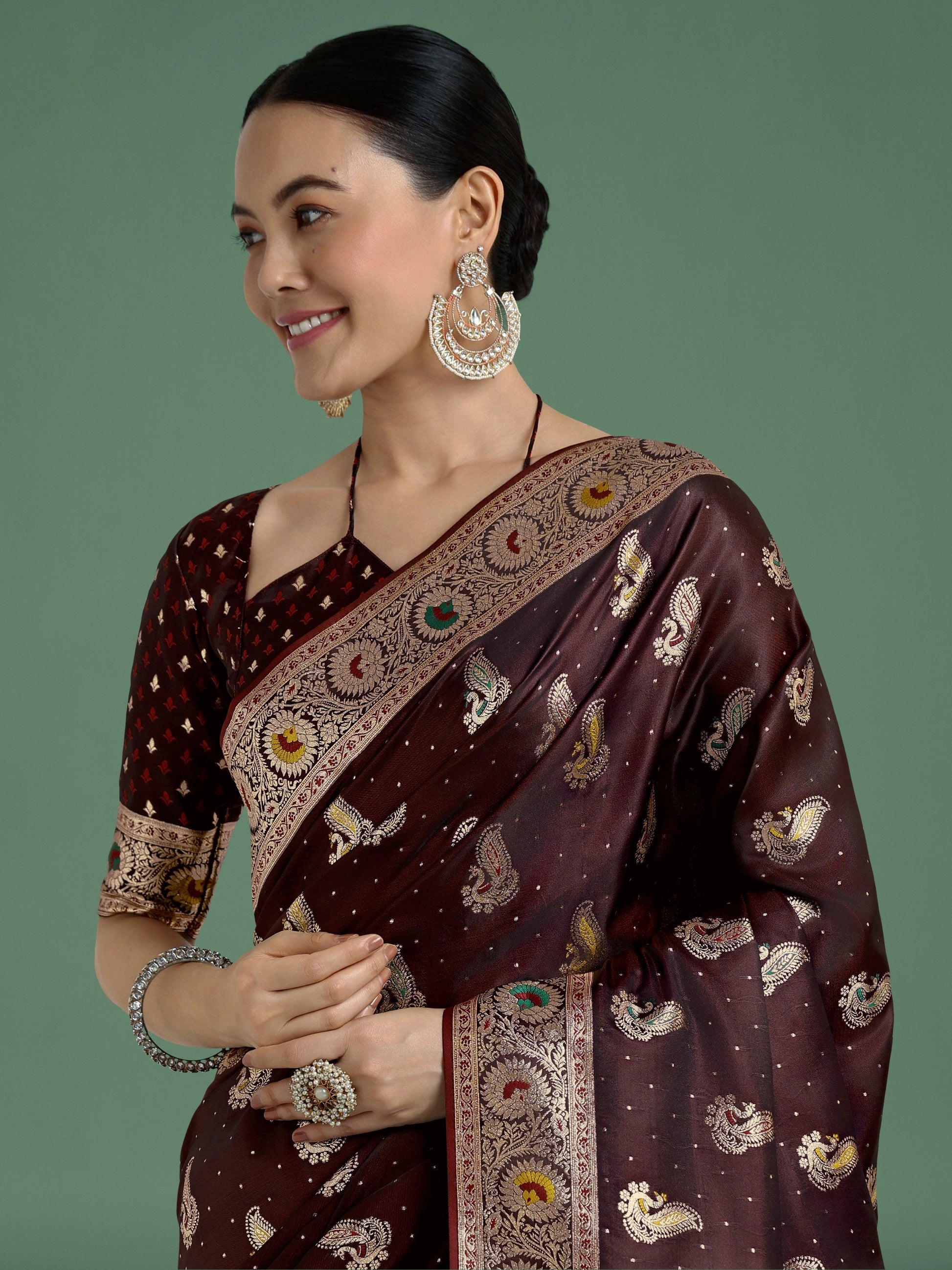 Monjolika Fashion Maroon Color Festival Wear Banarasi Satin Silk Designer Zari Weaving Saree | Swadesiicart