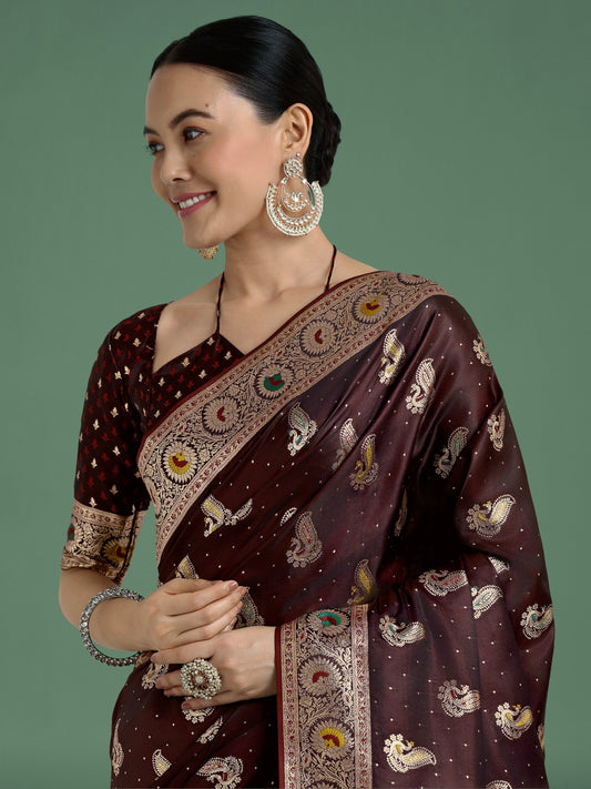 Monjolika Fashion Maroon Color Festival Wear Banarasi Satin Silk Designer Zari Weaving Saree | Swadesiicart