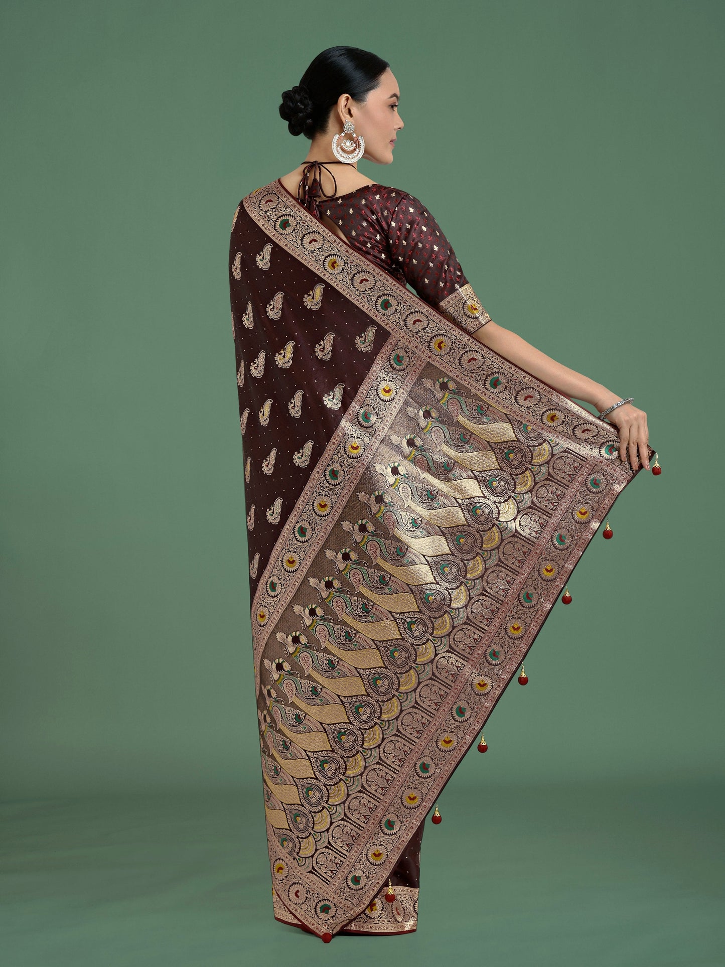 Monjolika Fashion Maroon Color Festival Wear Banarasi Satin Silk Designer Zari Weaving Saree | Swadesiicart