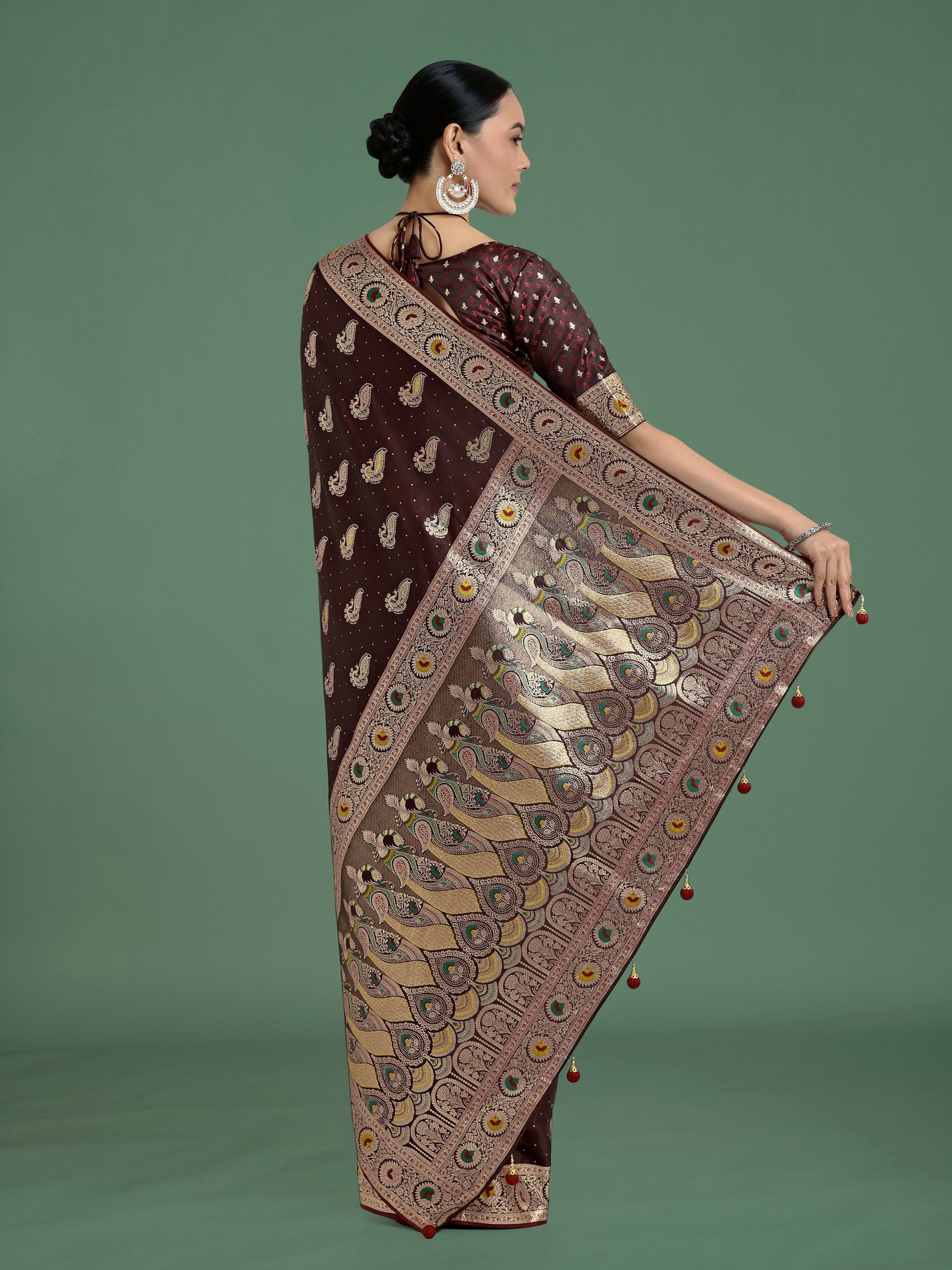 Monjolika Fashion Maroon Color Festival Wear Banarasi Satin Silk Designer Zari Weaving Saree | Swadesiicart