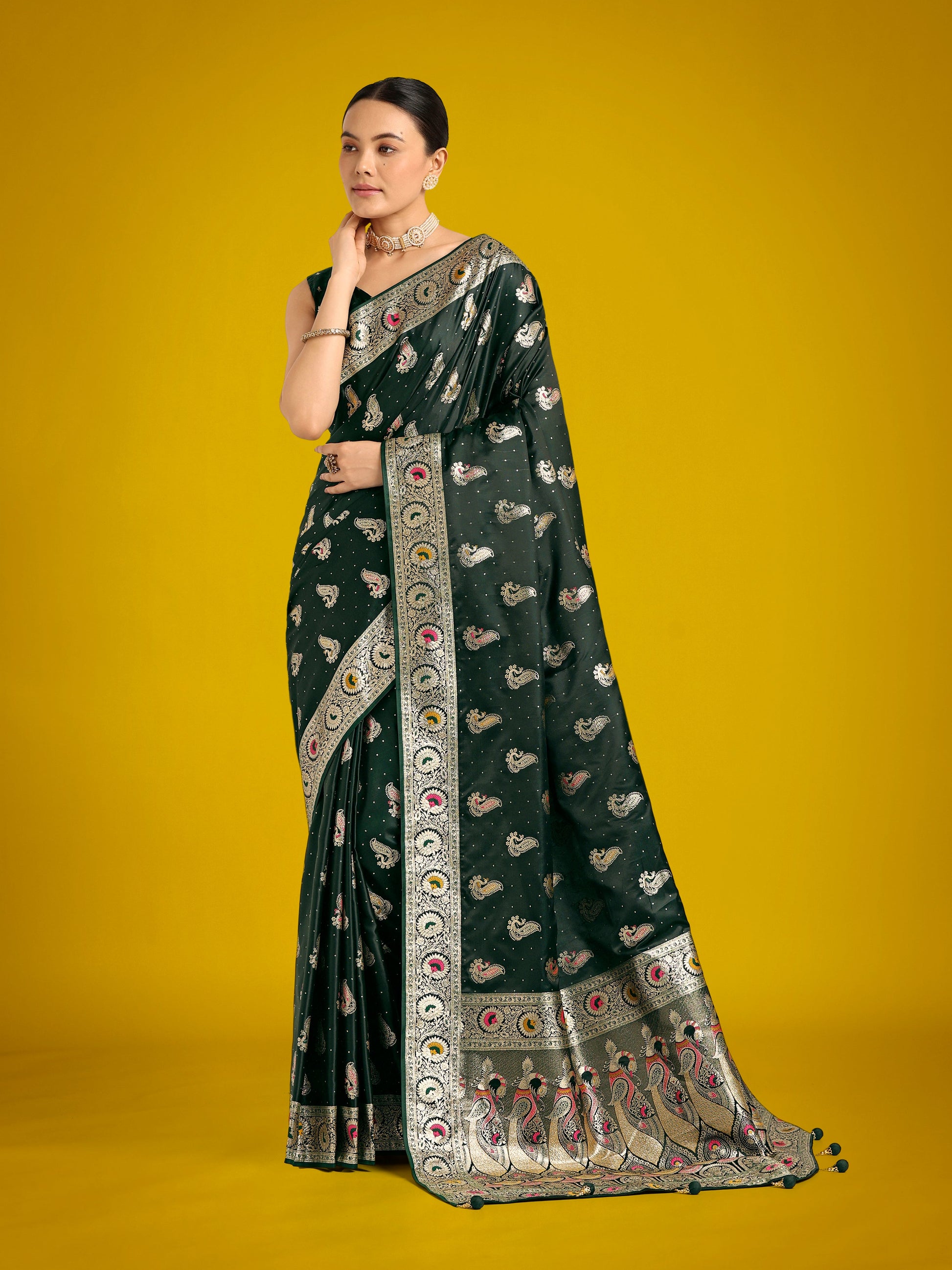 Monjolika Fashion Dark Green Color Festival Wear Banarasi Satin Silk Designer Zari Weaving Saree | Swadesiicart