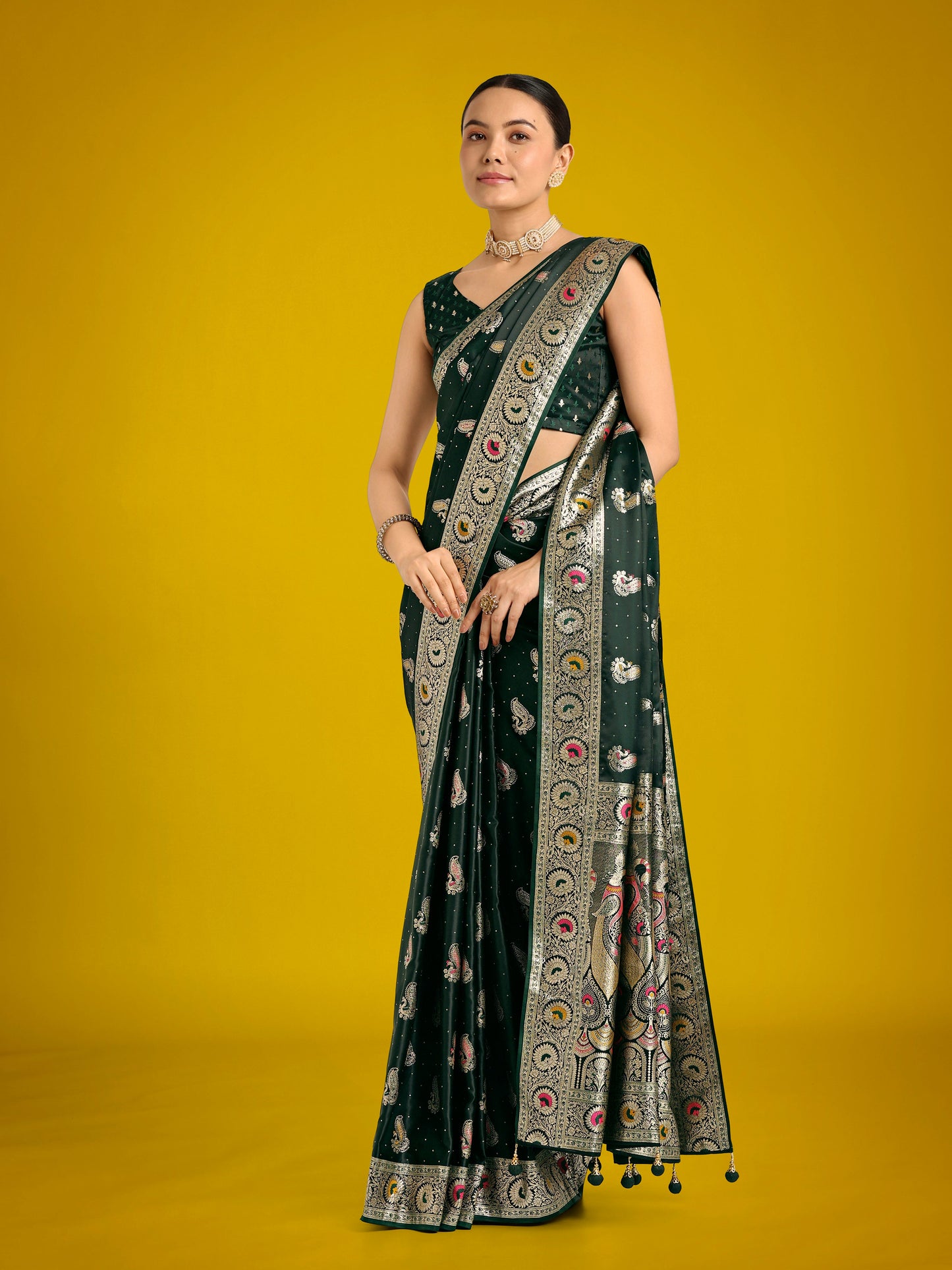 Monjolika Fashion Dark Green Color Festival Wear Banarasi Satin Silk Designer Zari Weaving Saree | Swadesiicart
