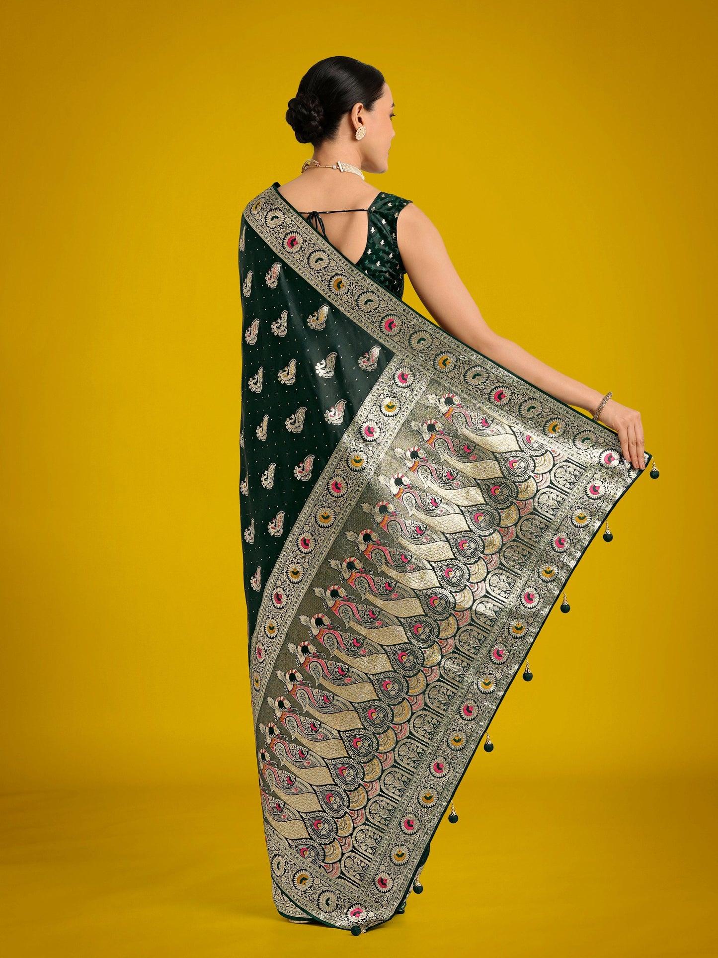 Monjolika Fashion Dark Green Color Festival Wear Banarasi Satin Silk Designer Zari Weaving Saree | Swadesiicart