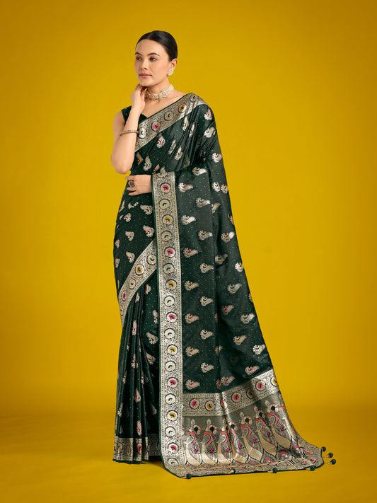 Monjolika Fashion Dark Green Color Festival Wear Banarasi Satin Silk Designer Zari Weaving Saree | Swadesiicart