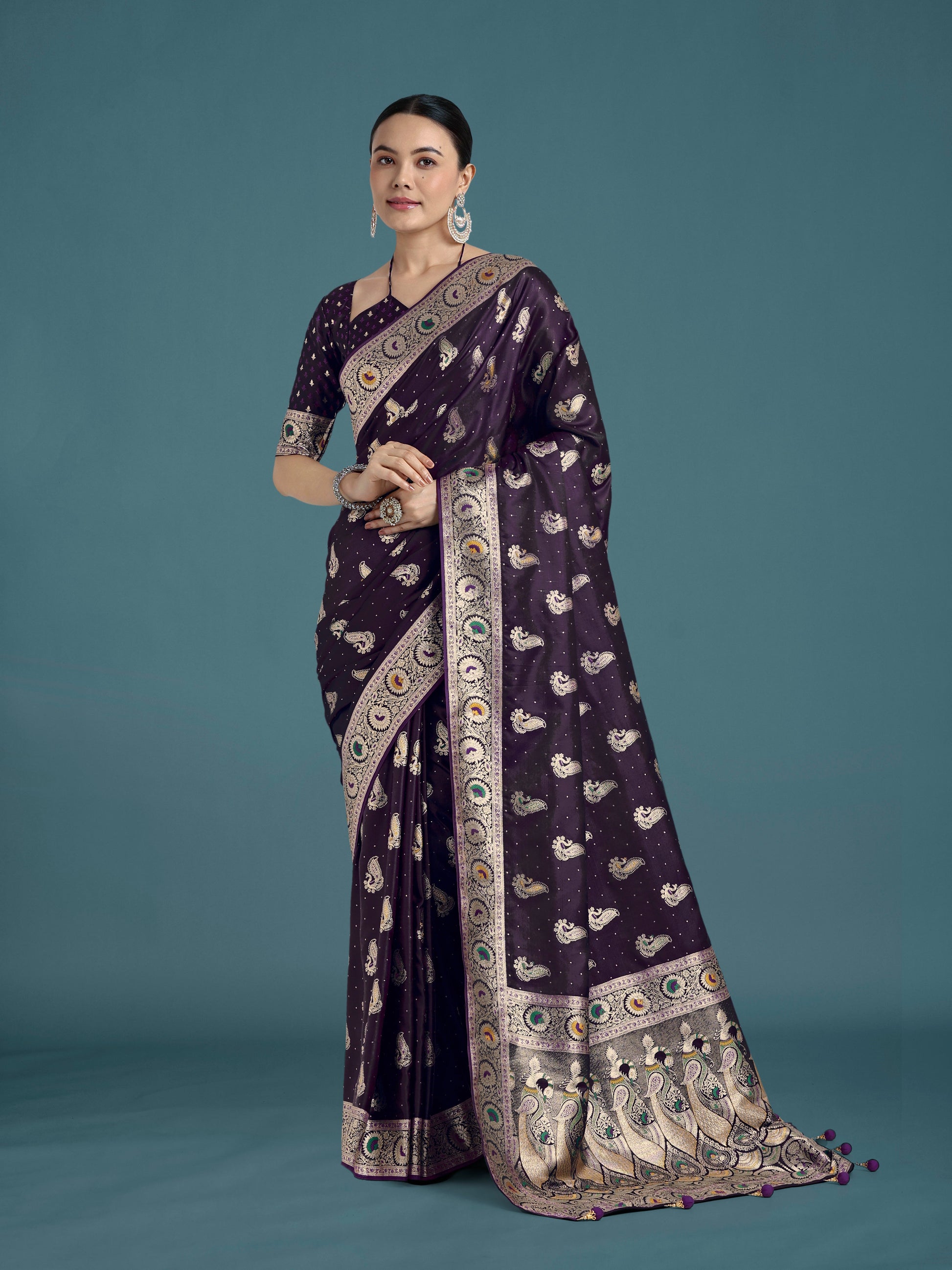 Monjolika Fashion Purple Color Festival Wear Banarasi Satin Silk Designer Zari Weaving Saree | Swadesiicart