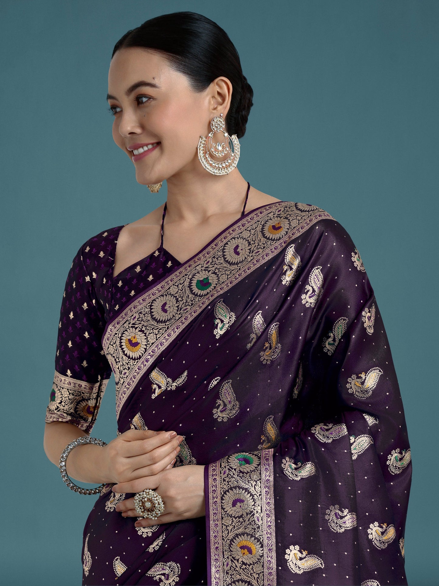 Monjolika Fashion Purple Color Festival Wear Banarasi Satin Silk Designer Zari Weaving Saree | Swadesiicart