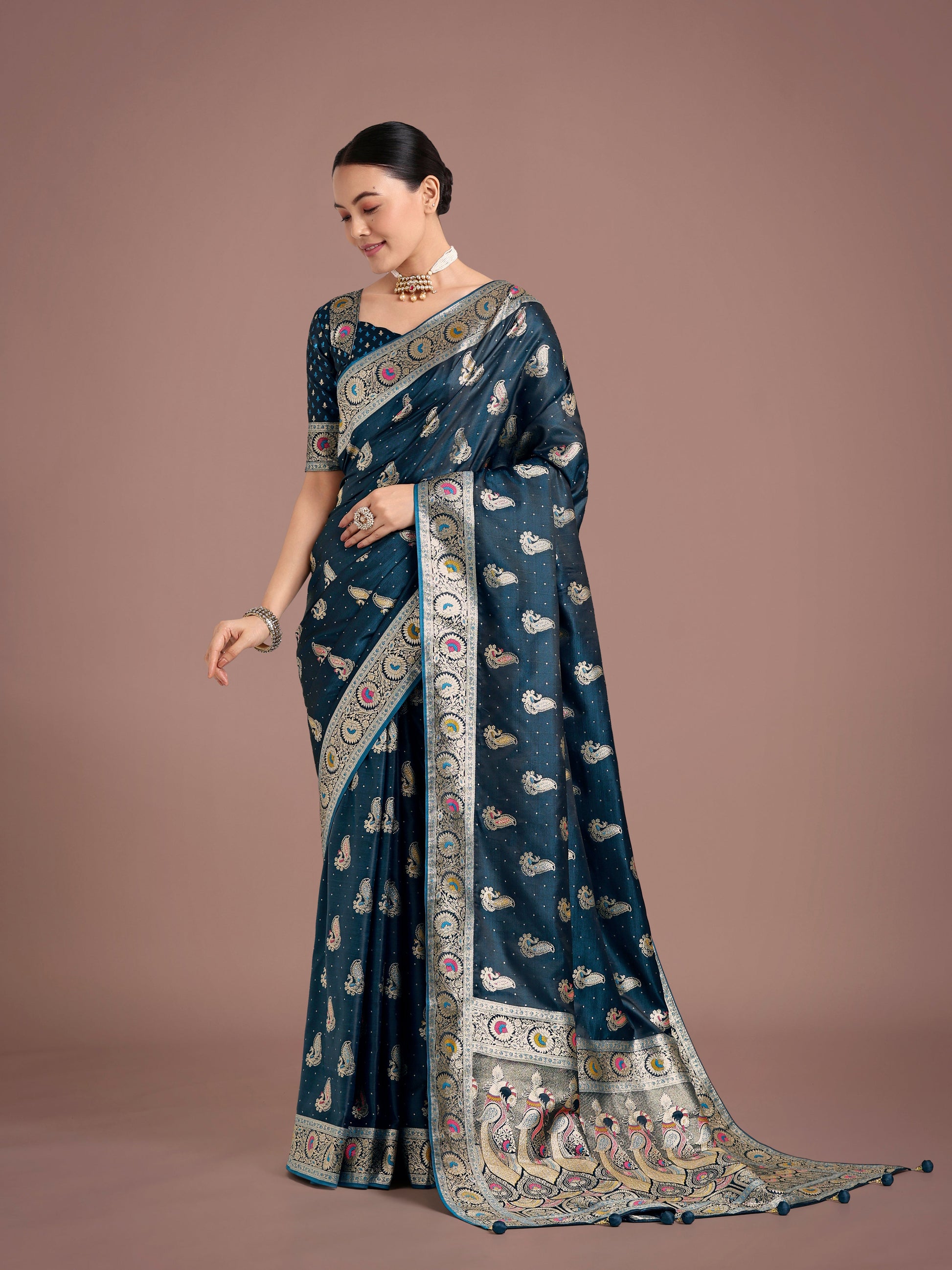 Monjolika Fashion Teal Color Festival Wear Banarasi Satin Silk Designer Zari Weaving Saree | Swadesiicart