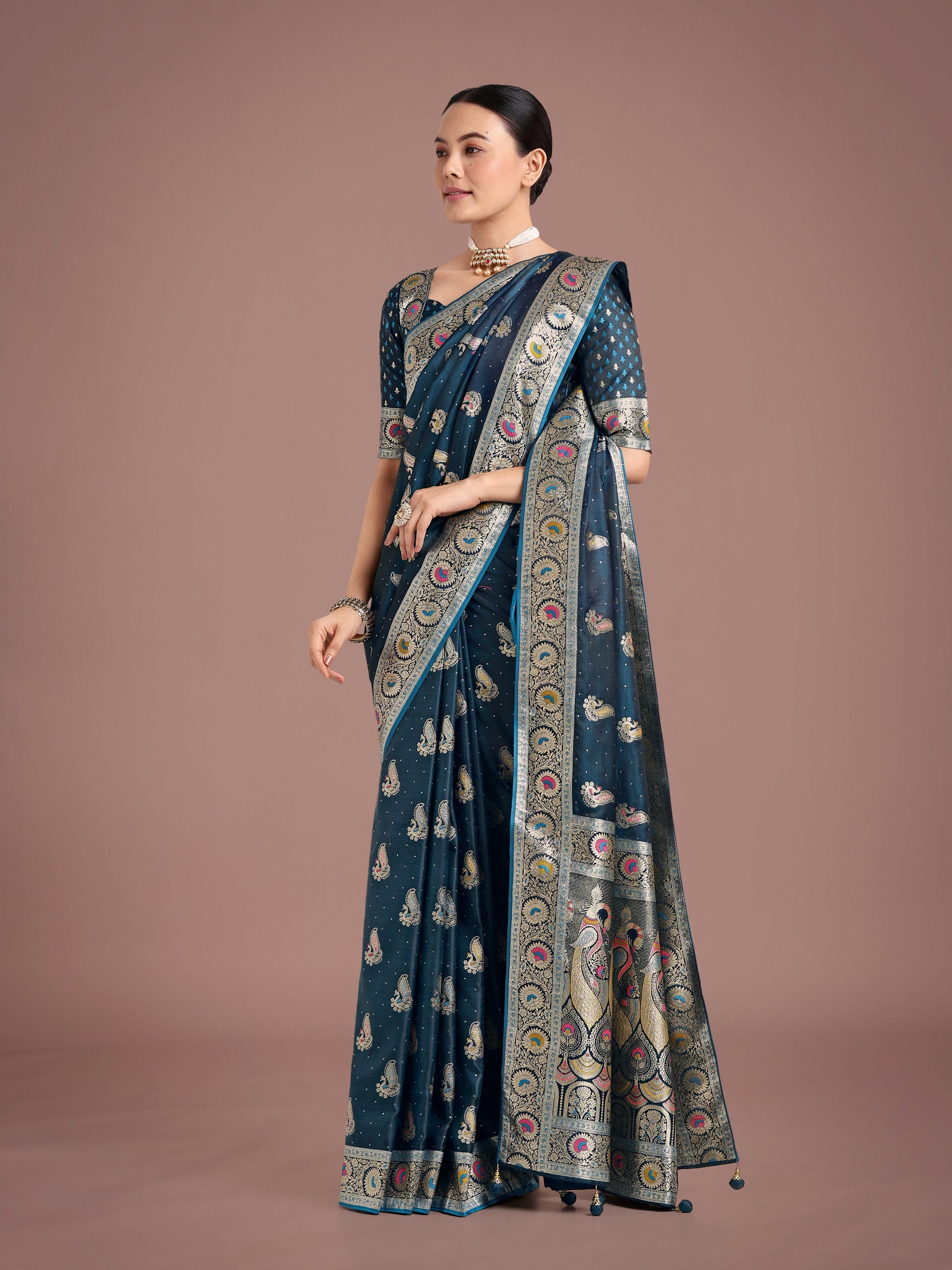 Monjolika Fashion Teal Color Festival Wear Banarasi Satin Silk Designer Zari Weaving Saree | Swadesiicart