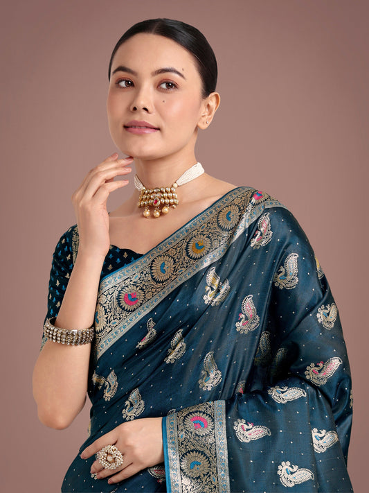 Monjolika Fashion Teal Color Festival Wear Banarasi Satin Silk Designer Zari Weaving Saree | Swadesiicart