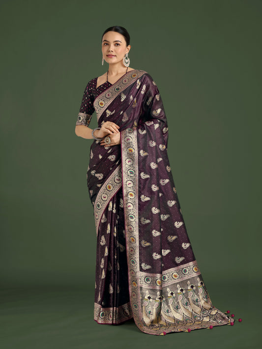 Monjolika Fashion Wine Color Festival Wear Banarasi Satin Silk Designer Zari Weaving Saree | Swadesiicart