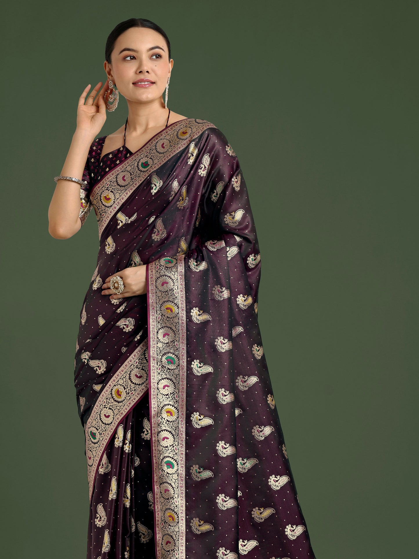 Monjolika Fashion Wine Color Festival Wear Banarasi Satin Silk Designer Zari Weaving Saree | Swadesiicart