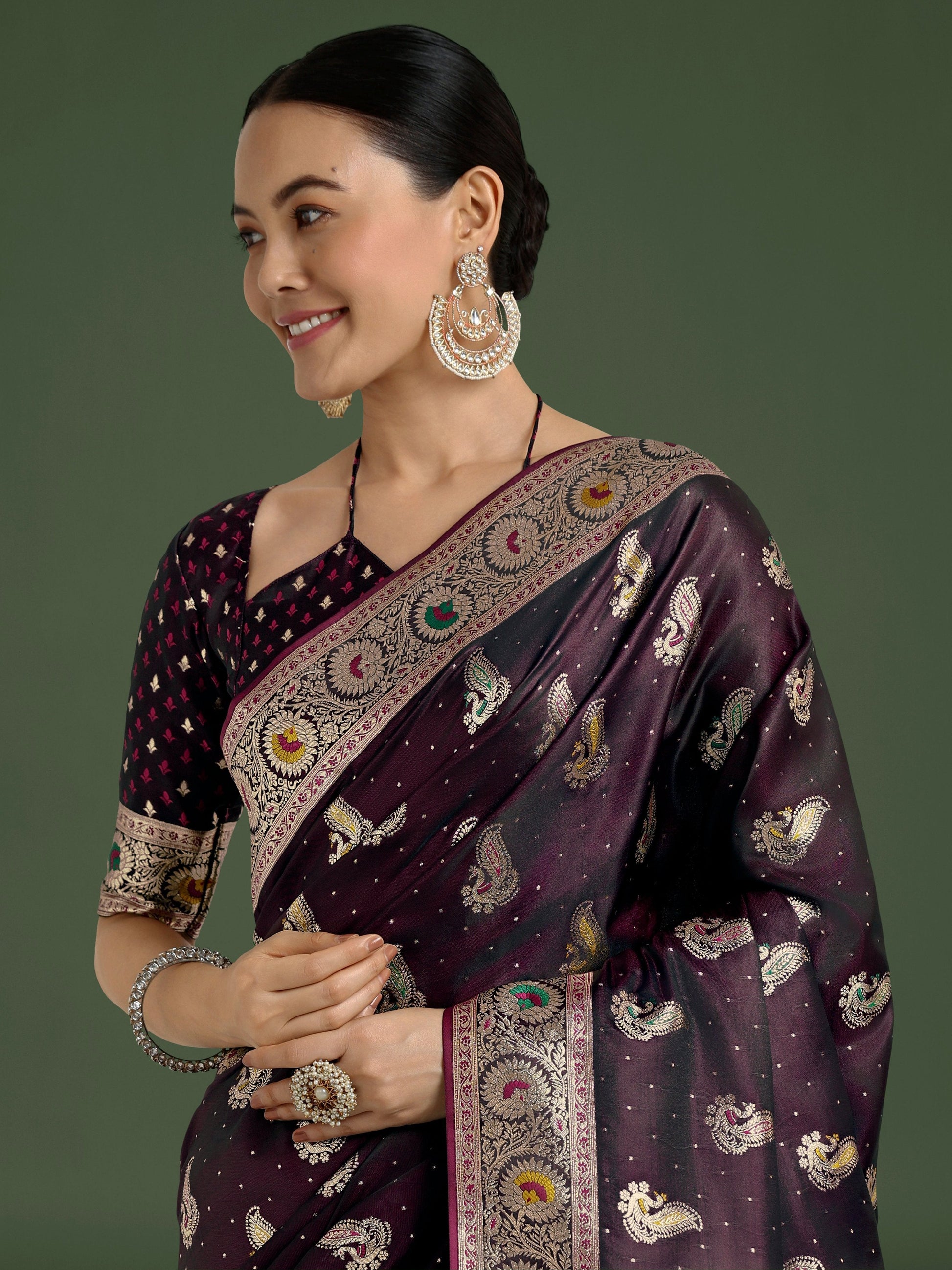 Monjolika Fashion Wine Color Festival Wear Banarasi Satin Silk Designer Zari Weaving Saree | Swadesiicart
