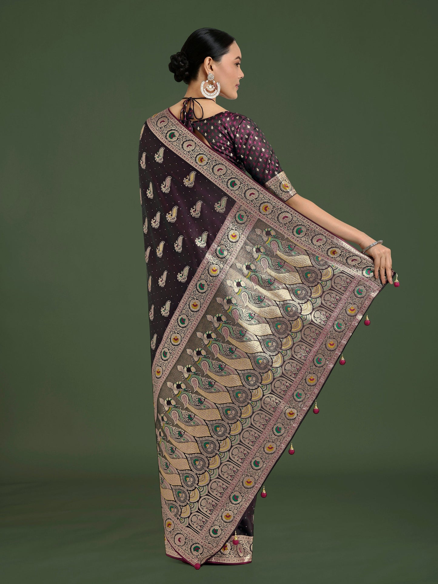 Monjolika Fashion Wine Color Festival Wear Banarasi Satin Silk Designer Zari Weaving Saree | Swadesiicart